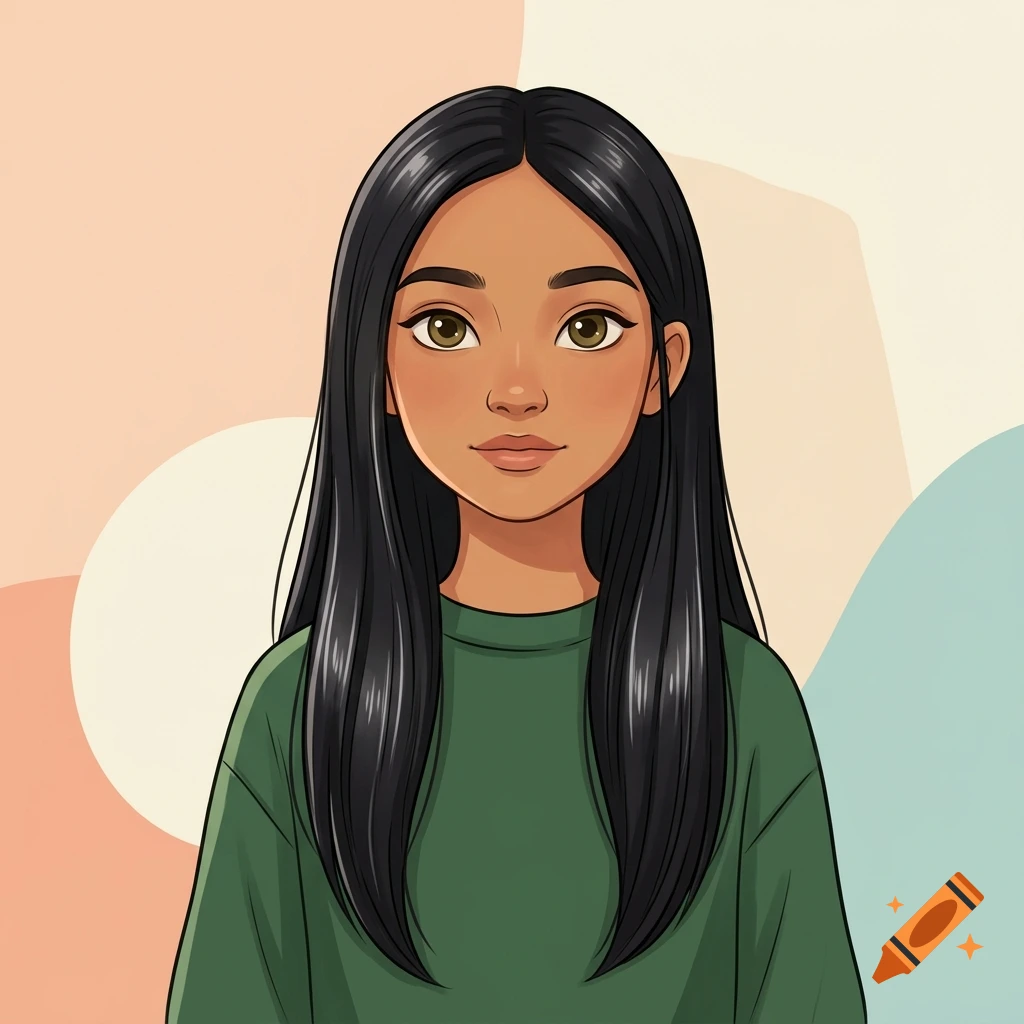 2D digital drawing portrait of a young girl with long straight black hair, hazel eyes, and an olive skin tone, wearing a green sweater against an abstract pastel background.