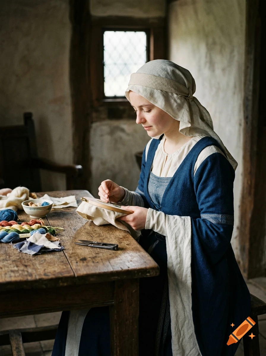 Photorealistic image of a 14th-century woman in a blue dress and white coif sitting at a wooden table and embroidering.