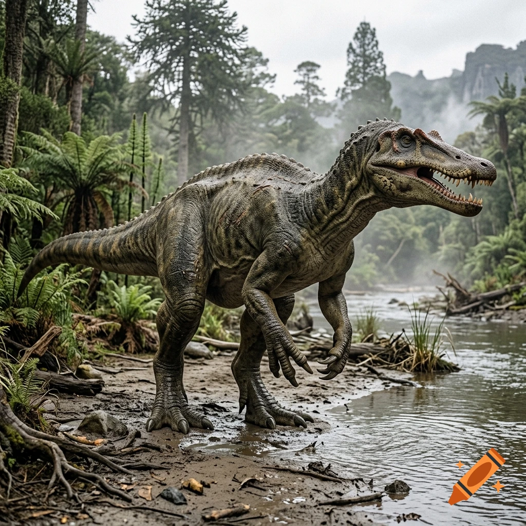 Photorealistic image of a spinosaurus dinosaur standing by a river in a lush prehistoric forest.