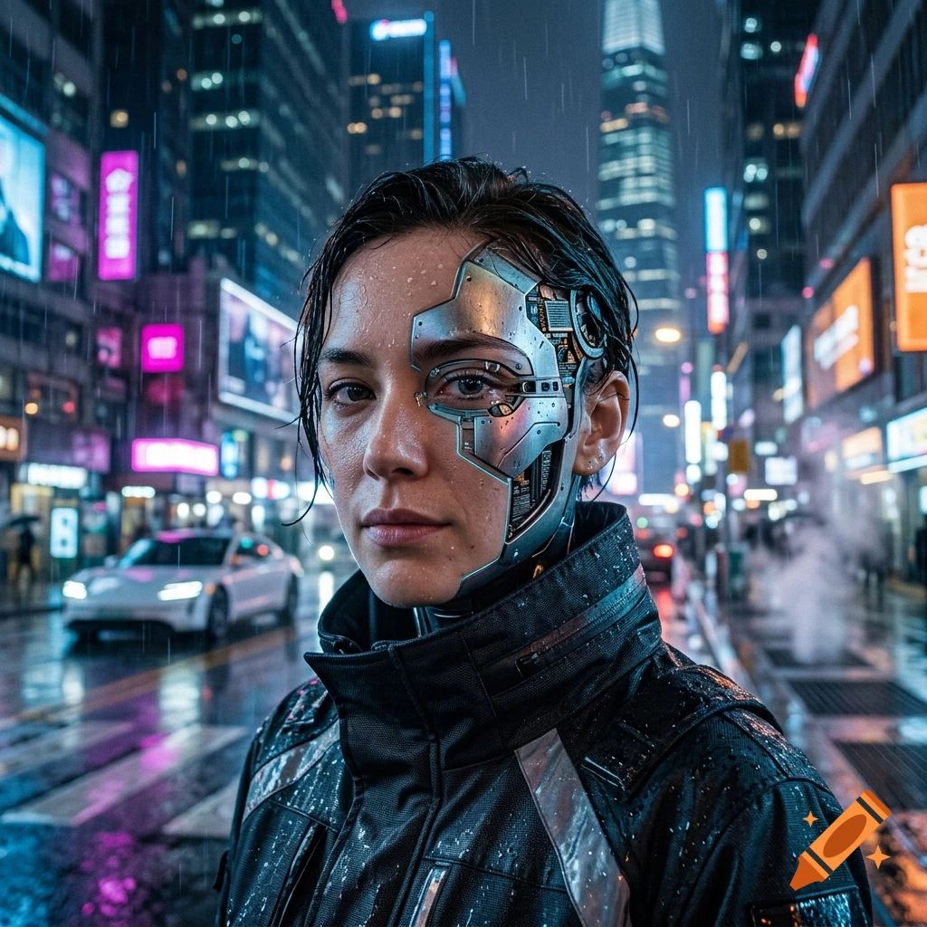Photorealistic close-up of a person with cyborg facial implants, standing in a rainy cyberpunk city at night.