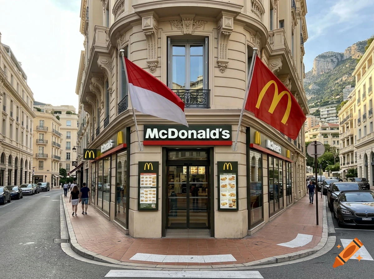 Photorealistic corner building with a McDonald's restaurant on the ground floor, flying a Monegasque flag and a McDonald's flag.