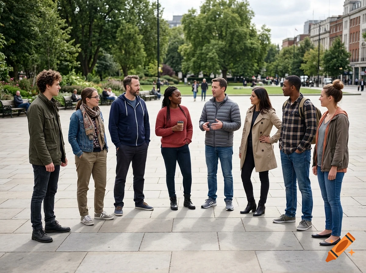 A group of eight diverse adults standing and conversing in a paved public square surrounded by trees and buildings.