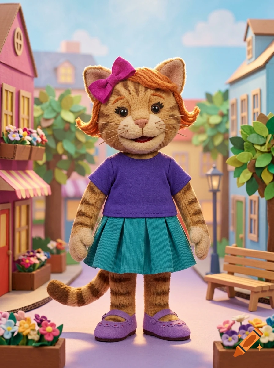 Muppet-style puppet of a young female tabby cat with a red bow and purple shirt standing in a puppet-style town.