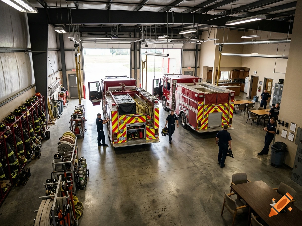 High-angle photorealistic view of a fire station interior with two parked fire engines, firefighters, and gear racks.