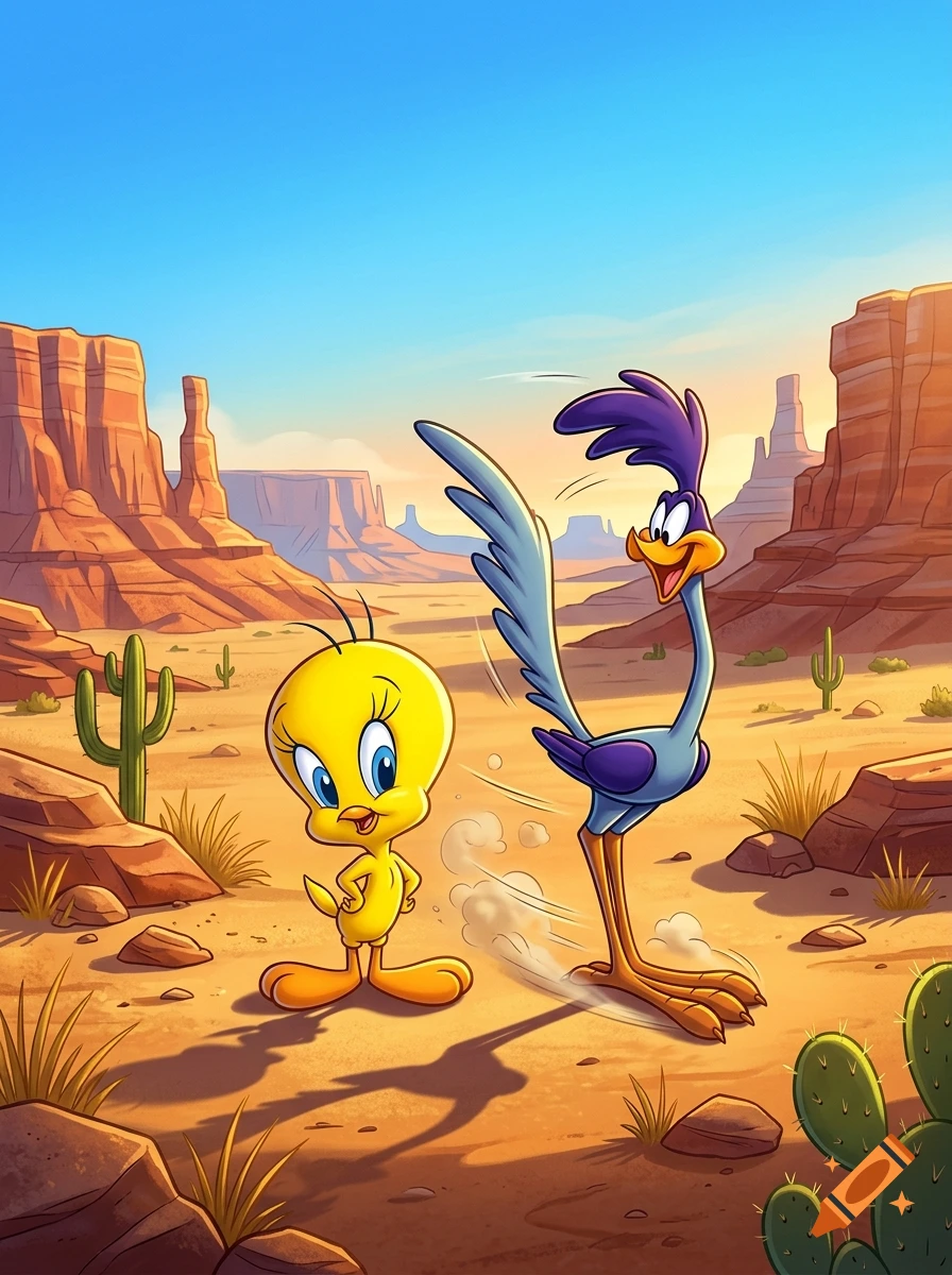 Tweety Bird and Road Runner in a desert canyon setting, cartoon style