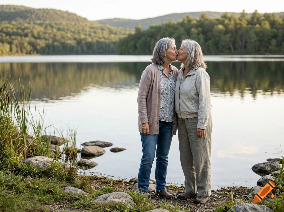Two older women kissing by a calm lake with forested hills in the background.