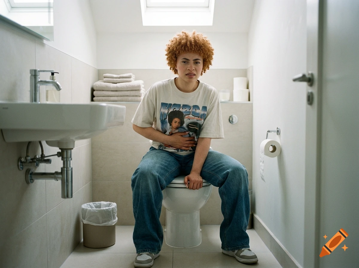 Photorealistic image of a person resembling Ice Spice sitting on a toilet in a bathroom, looking distressed.