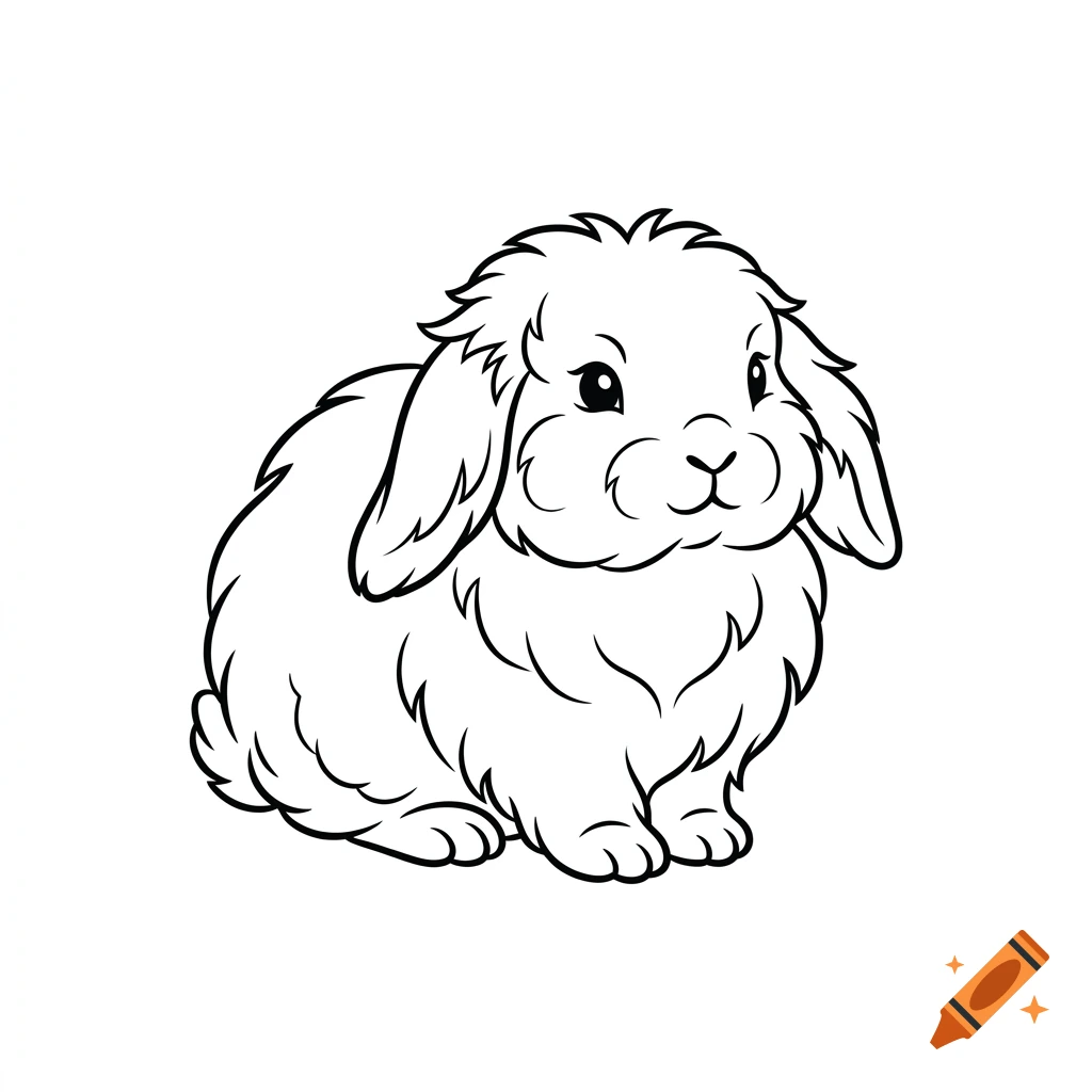 Black and white line drawing of a cute fluffy lop-eared English Angora bunny.