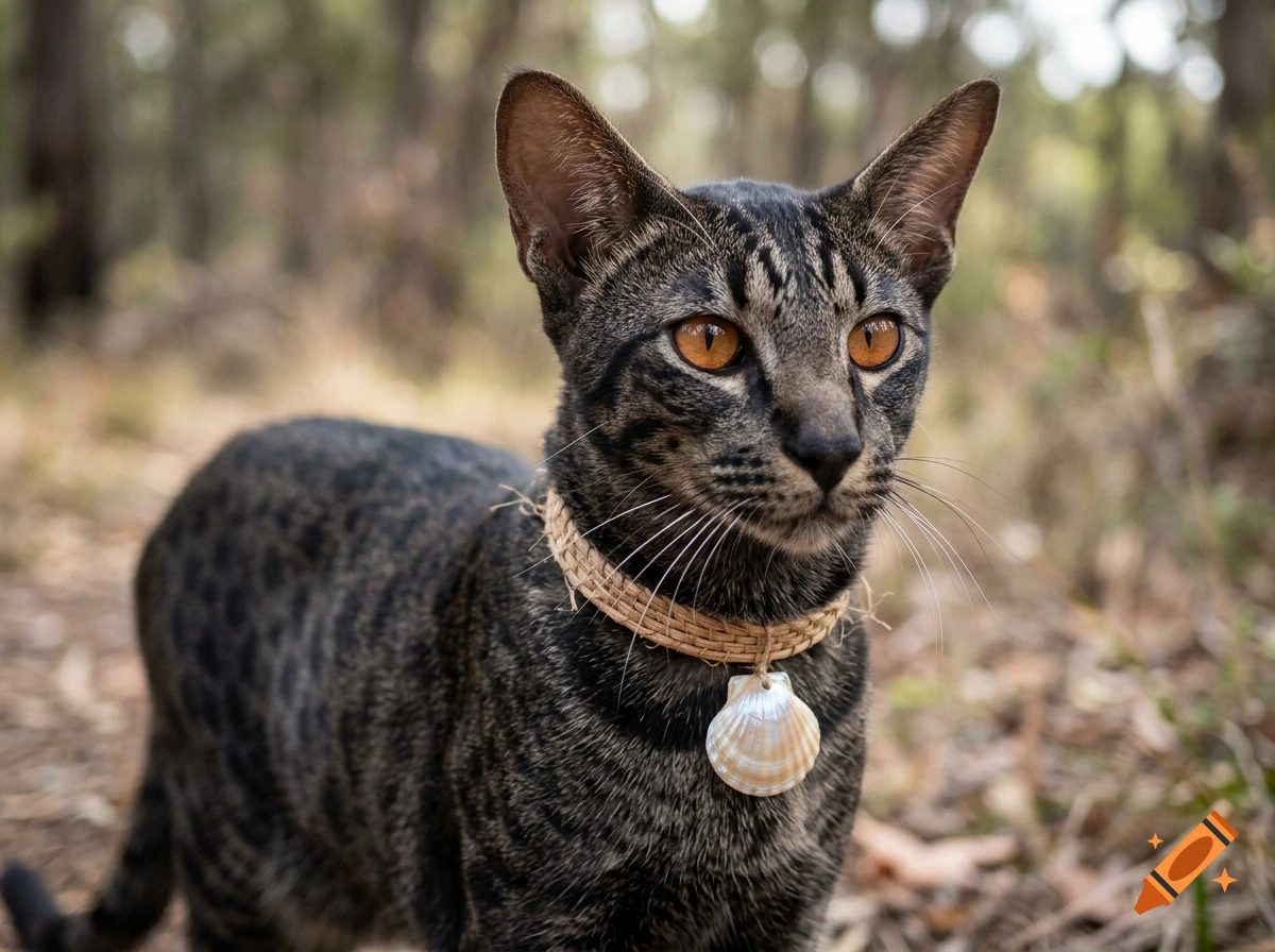 A close-up photograph of a dark tabby cat with striking orange eyes wearing a woven collar with a seashell pendant outdoors.
