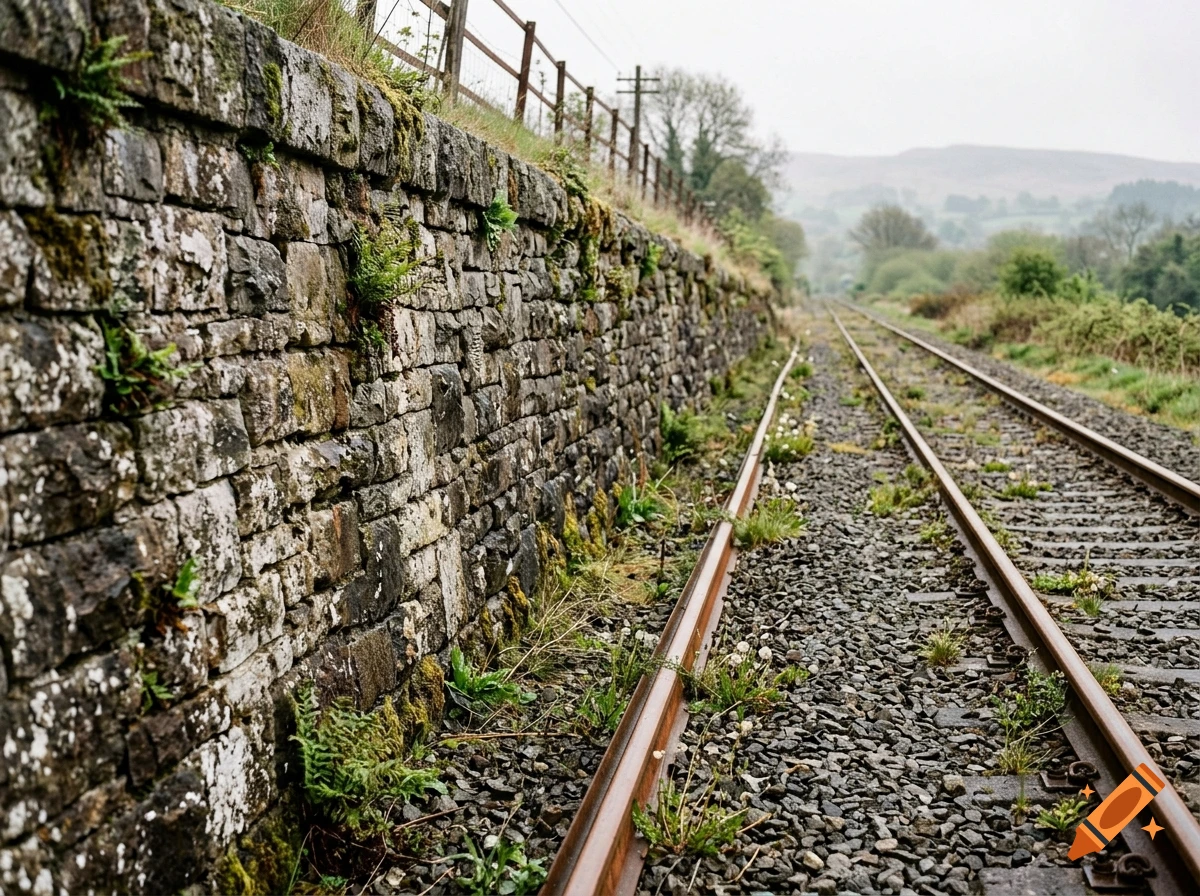 Photorealistic view of a stone retaining wall and overgrown railway tracks stretching into the distance.
