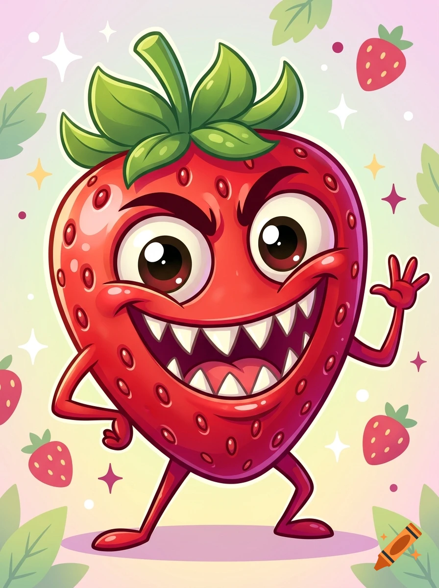 A cartoon strawberry character with big eyes and a sharp-toothed grin, waving on a pastel pink background with little strawberry icons.