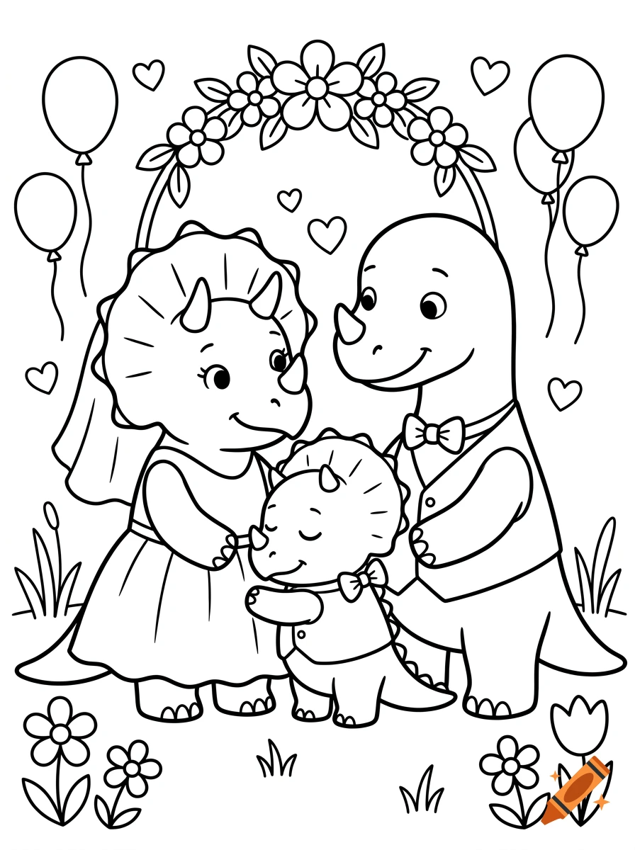 Black and white coloring page of a dinosaur family at a wedding, surrounded by flowers, hearts, and balloons.