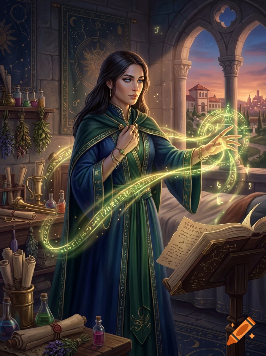 Digital illustration of a dark-haired female mage in blue and green robes casting healing magic from an open book in a stone tower.