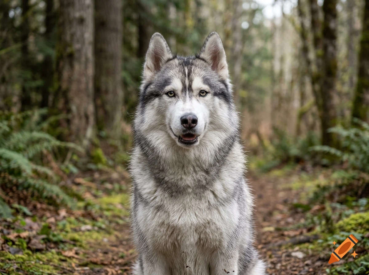 Photorealistic close-up of a fluffy grey and white husky sitting on a dirt path in a forest.