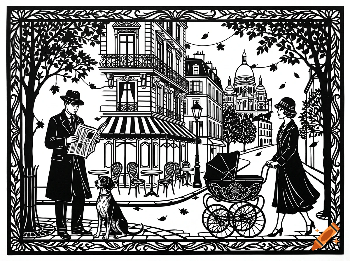 Black and white papercut art style depicting a 1930s Paris street scene with a couple, a baby carriage, and a dog.