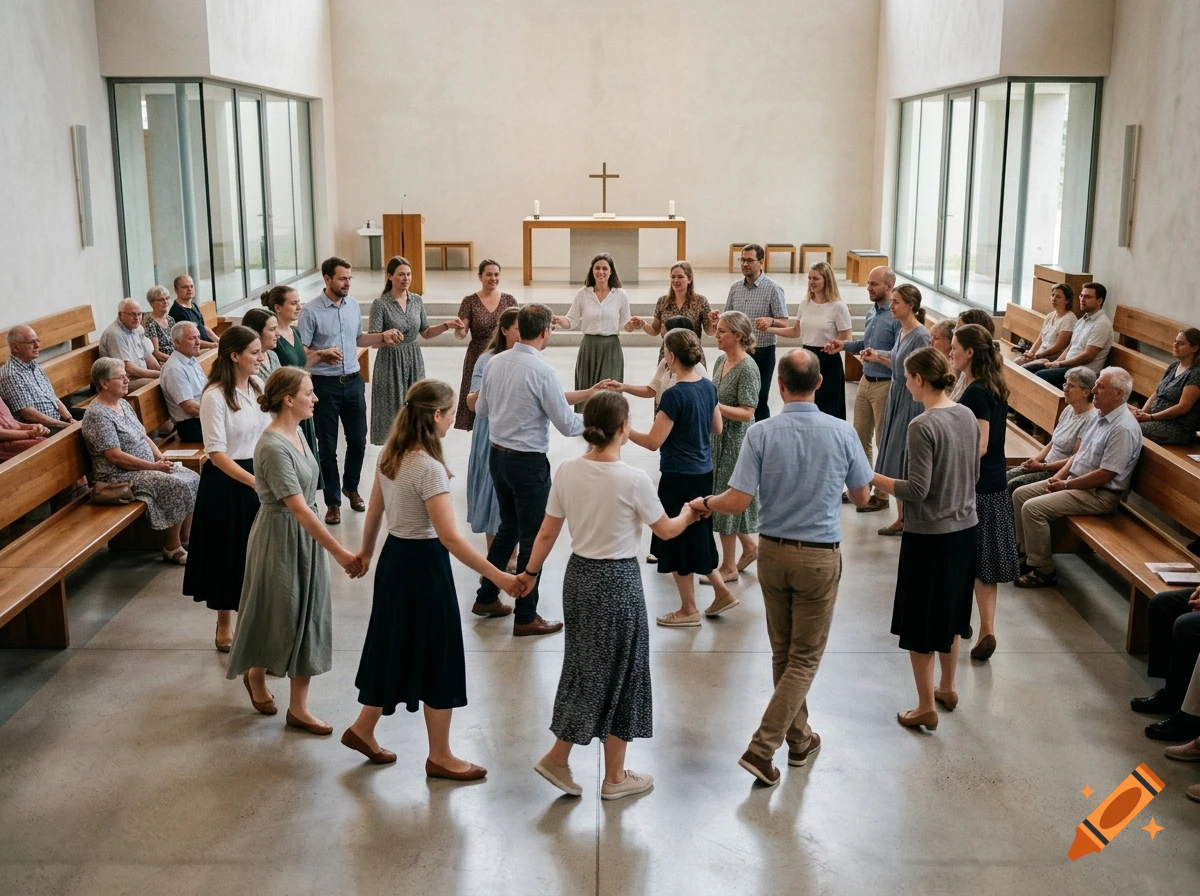 A large group of people stand in a large circle holding hands inside a brightly lit modern church hall, with others seated on wooden pews along the sides.