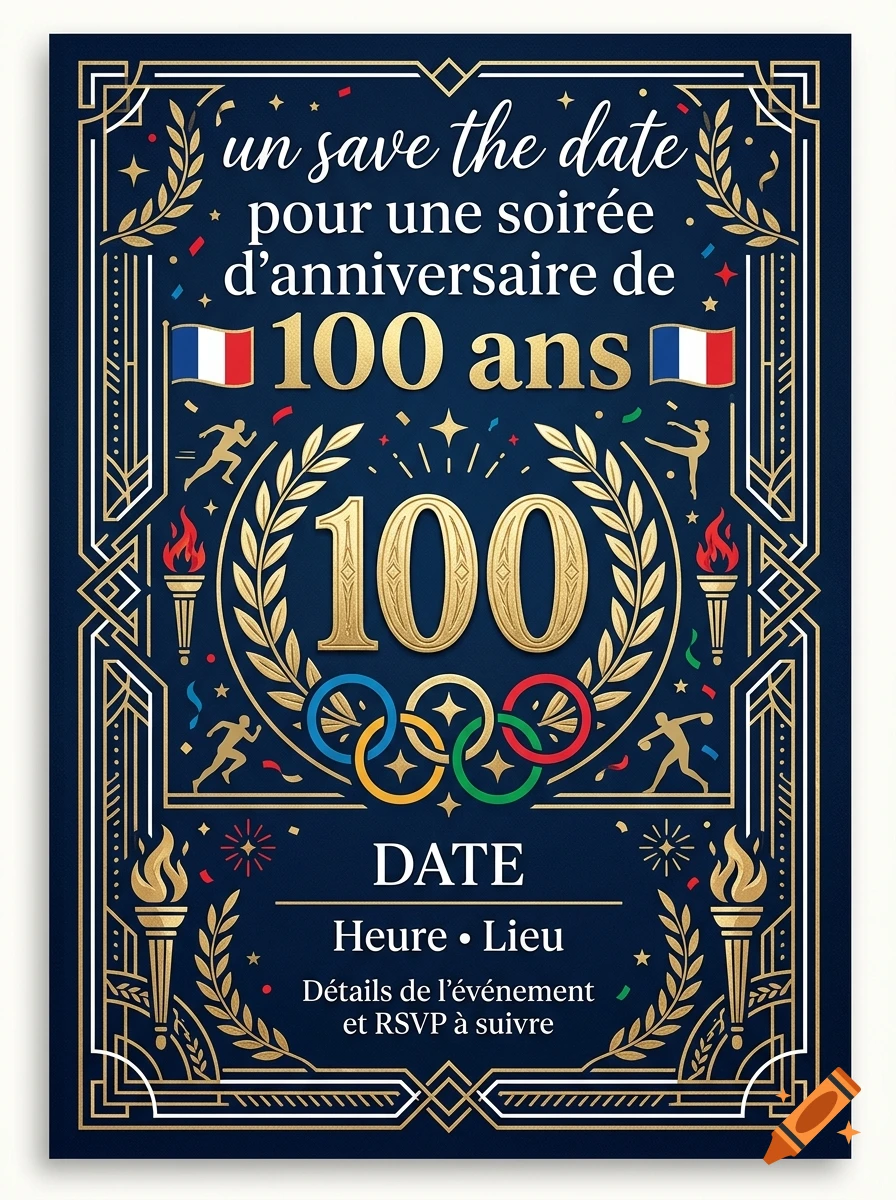 An Art Deco style save the date poster with blue background and gold lettering, featuring 100th birthday and Olympic themes.