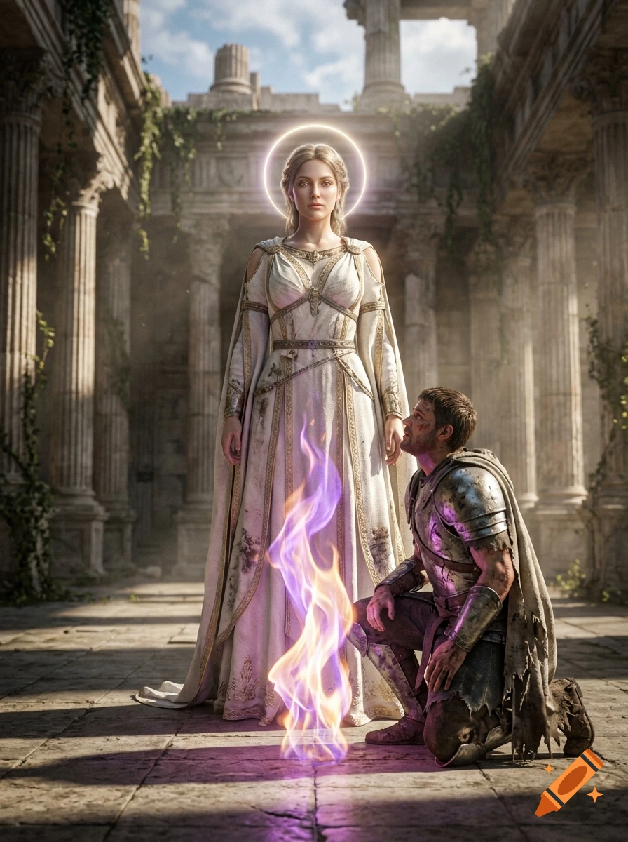 A glowing-haloed woman in a white gown stands among ancient stone ruins, looking down at a kneeling armored man beside a vibrant purple and orange flame.
