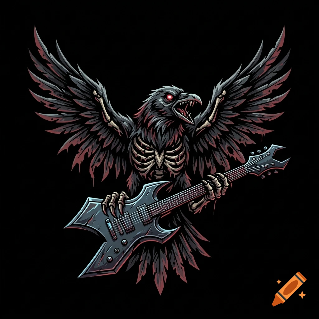 An aggressive-looking raven or crow with glowing red eyes, skeletal wings, and a ribcage playing an electric guitar against a solid black background.