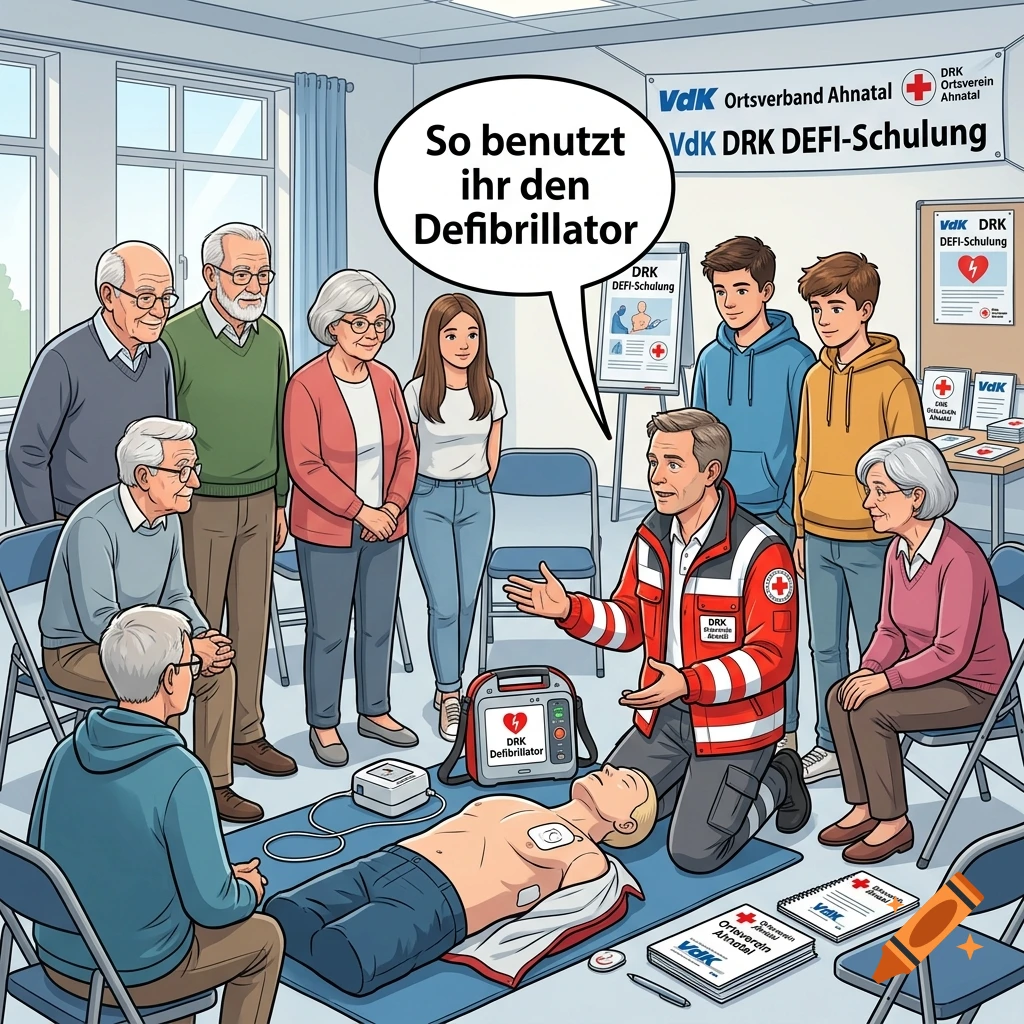 Illustrated comic-style scene of a first aid training session with a defibrillator, a mannequin, and a diverse group of participants.