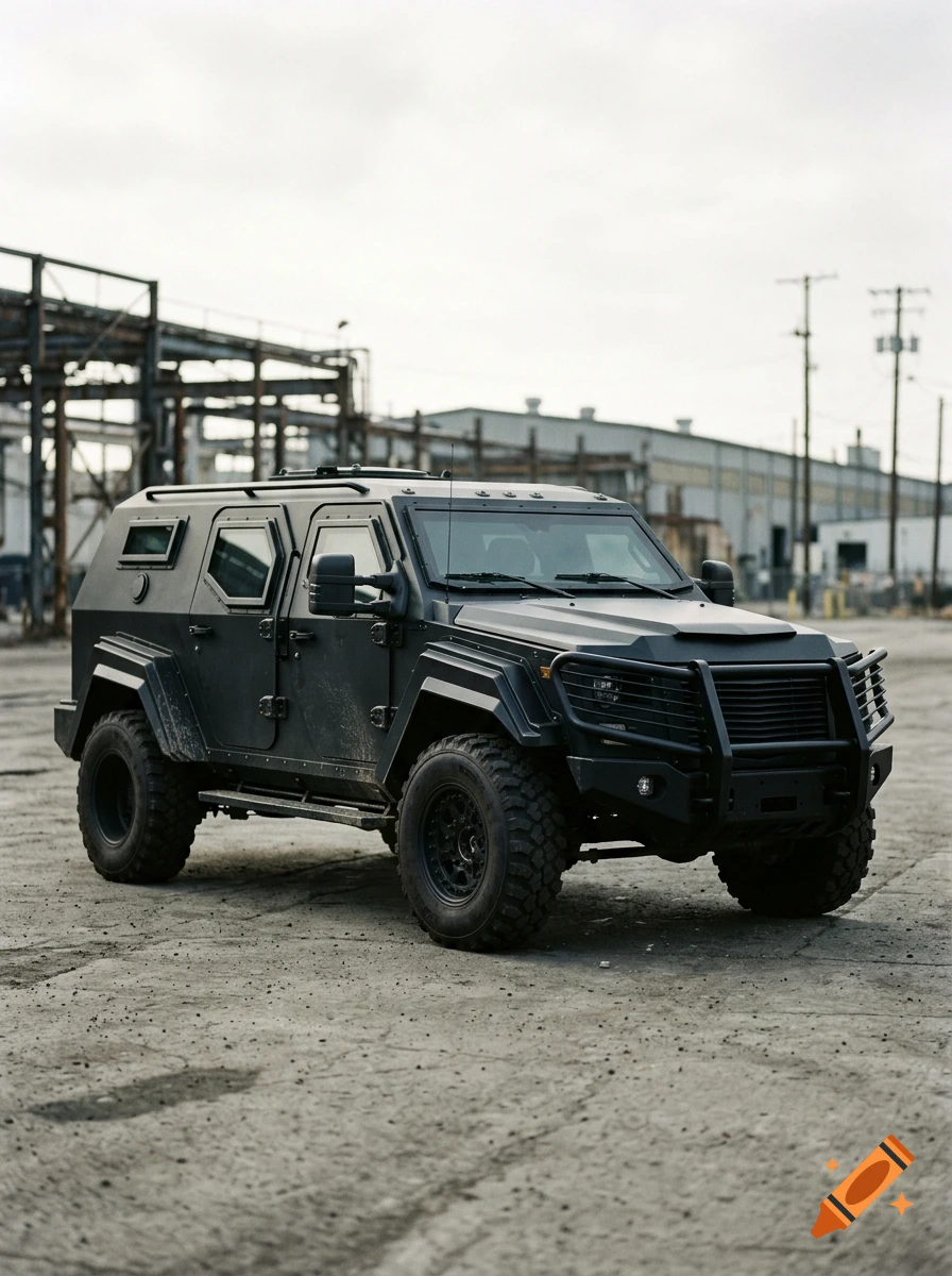 Photorealistic image of a black armored SUV parked in an industrial area on concrete ground.