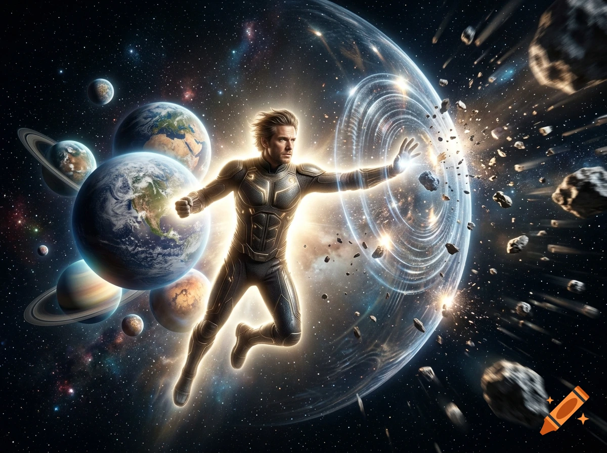 A glowing superhero with blonde hair floating in space, protecting planets from incoming asteroids with an energy shield.