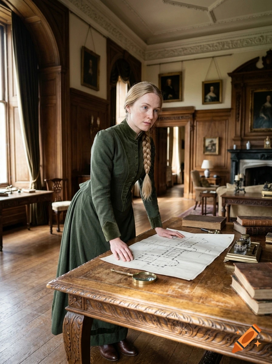 A young woman in a green vintage dress leaning over a wooden table with architectural plans in a grand castle room.