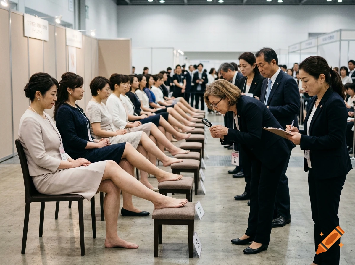 Photorealistic image of a foot beauty contest where women sit in a row and judges inspect their right feet.