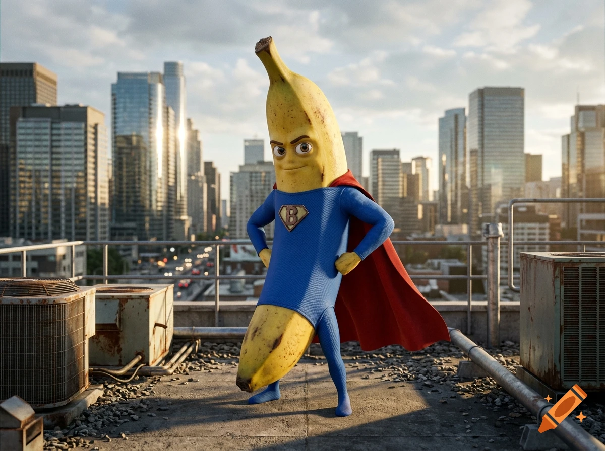 Photorealistic image of a banana with a human face wearing a blue superhero suit and red cape, standing on a rooftop with city buildings in the background.