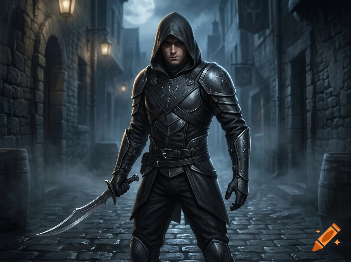 A hooded dark fantasy thief in black leather armor holding a curved dagger in a medieval cobblestone alley at night.