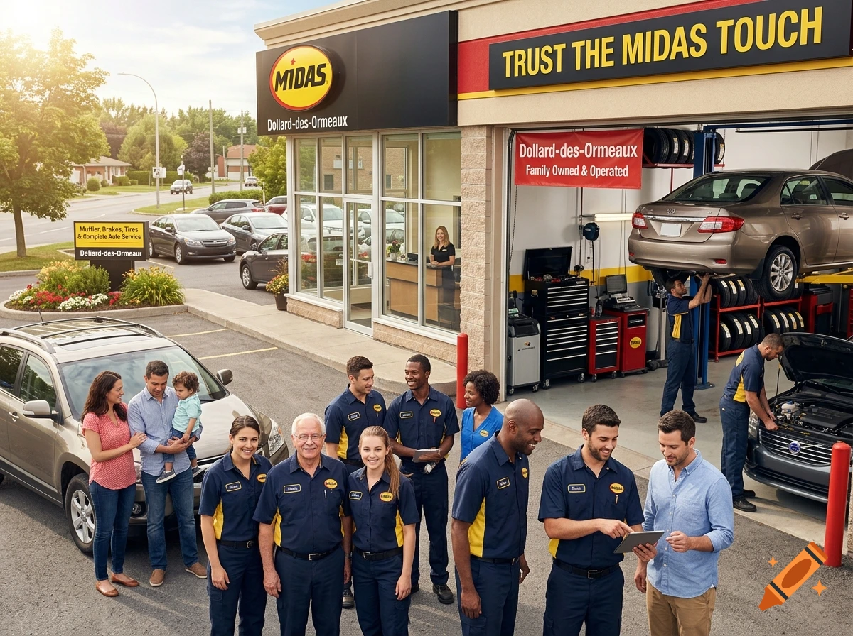 Photorealistic image of a Midas auto service center with mechanics, staff, and customers smiling outside the garage.