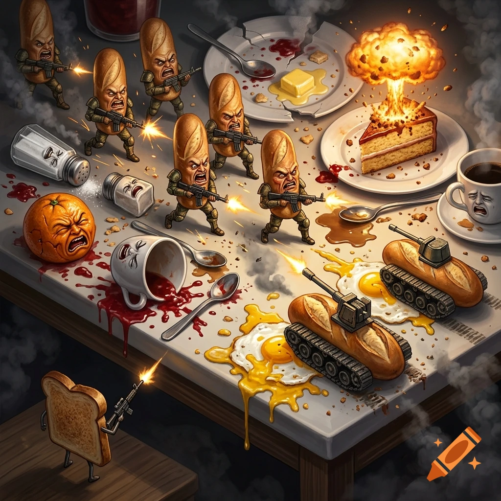 An isometric battle scene on a breakfast table with armed baguette soldiers attacking food items, featuring an atomic explosion on a cake, digital art.