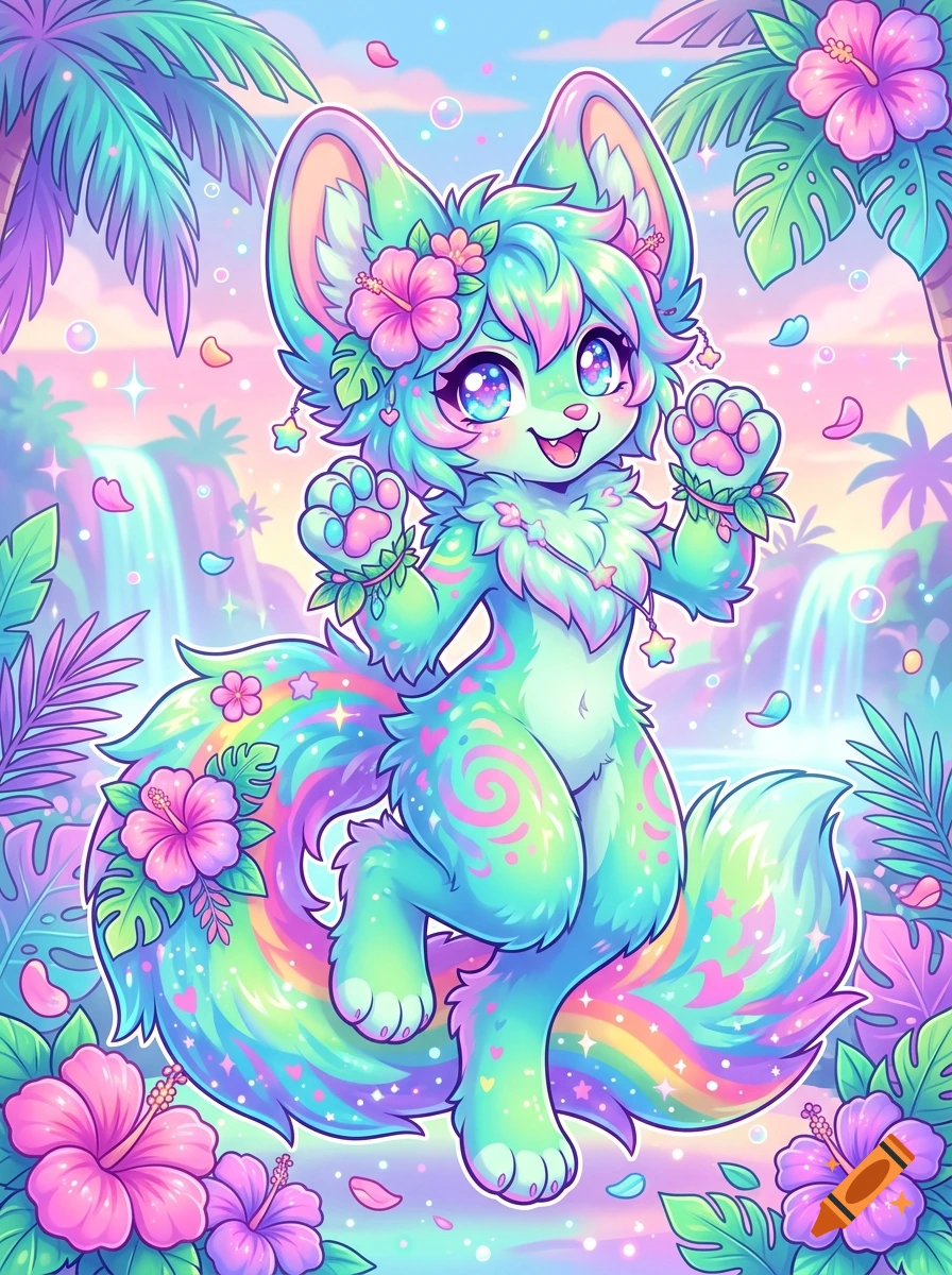 An adorable teal and pink kemono fursona with hibiscus flowers in its fur, standing in a tropical paradise with waterfalls and palm trees in anime style.