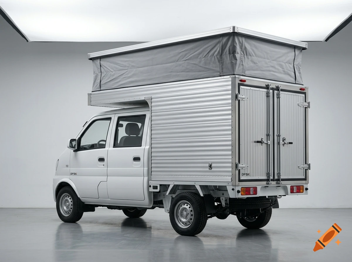 A white camper truck with a pop-up tent roof parked inside a studio.