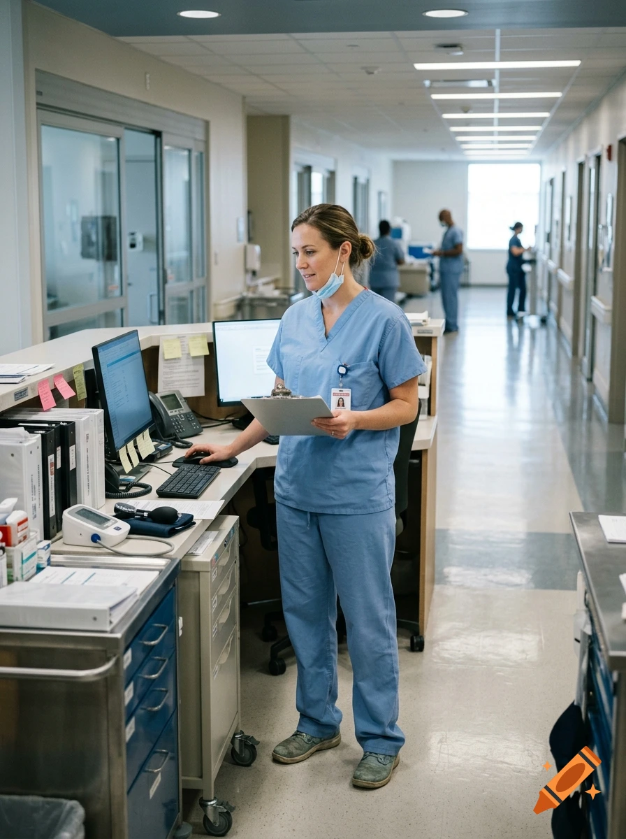 Photorealistic image of a nurse standing at a hospital reception desk holding a clipboard, with other medical staff in the background corridor.