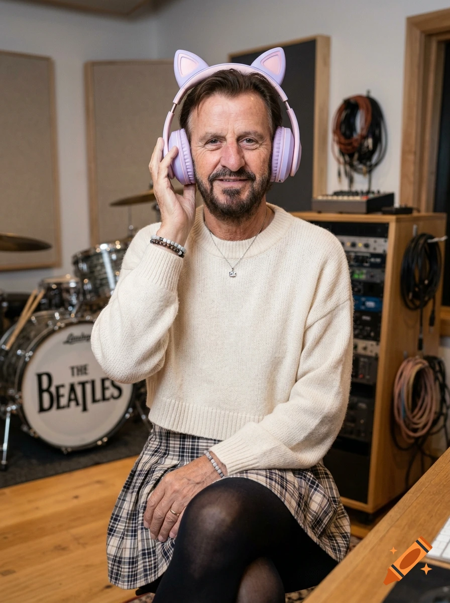 Photorealistic image of Ringo Starr wearing cat headphones, a white sweater, and a plaid skirt in a recording studio.