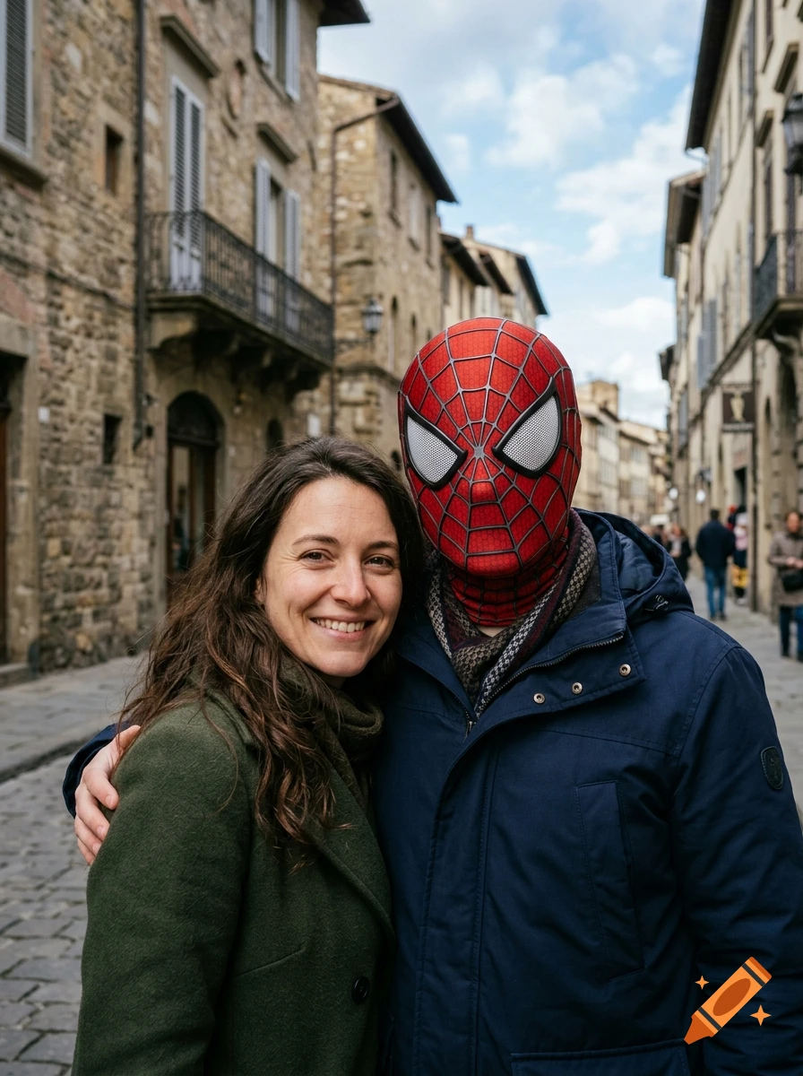Photorealistic portrait of a smiling woman and a person in a Spider-Man mask standing on a European street.
