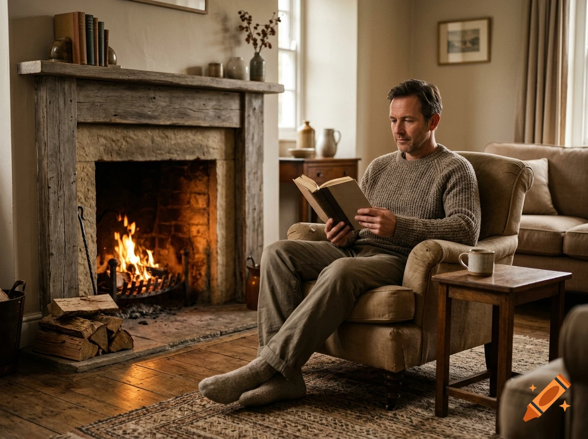 A man wearing a knit sweater sits in an armchair reading a book by a cozy stone fireplace.