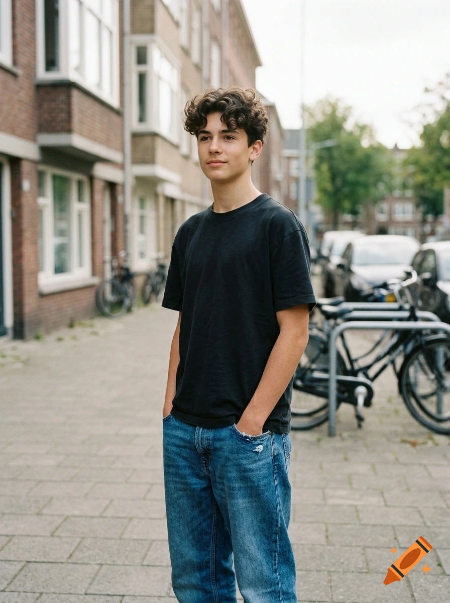 Photorealistic portrait of a 16-year-old boy with curly dark hair standing on a European street with bicycles and old buildings.