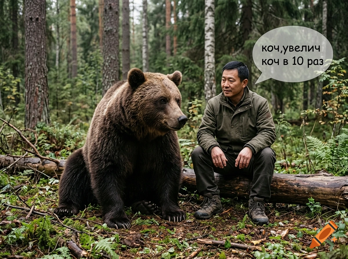 Photorealistic image of a man sitting on a log next to a large brown bear in a forest, with a speech bubble showing text.