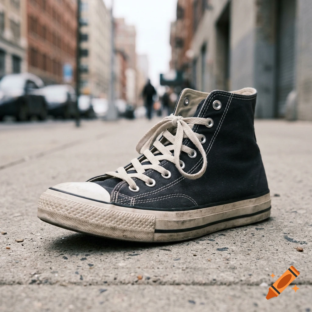 Close-up of a black high-top canvas sneaker resting on a city sidewalk.