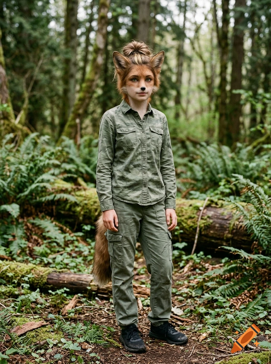 Photorealistic image of a fox hybrid girl in a camo shirt and cargo pants standing in a lush forest.