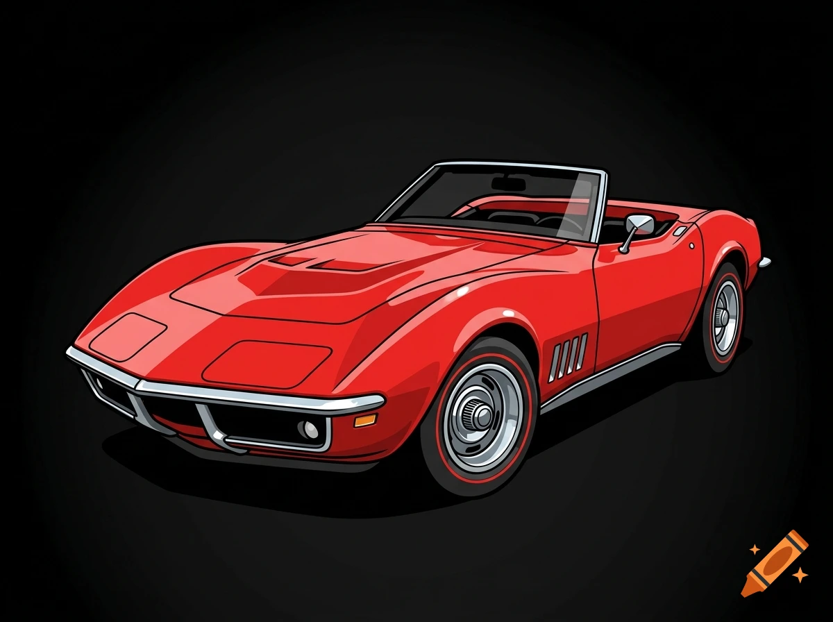 A comic-book style vector illustration of a bright red 1969 Chevrolet Corvette Stingray convertible with the top down against a black background.