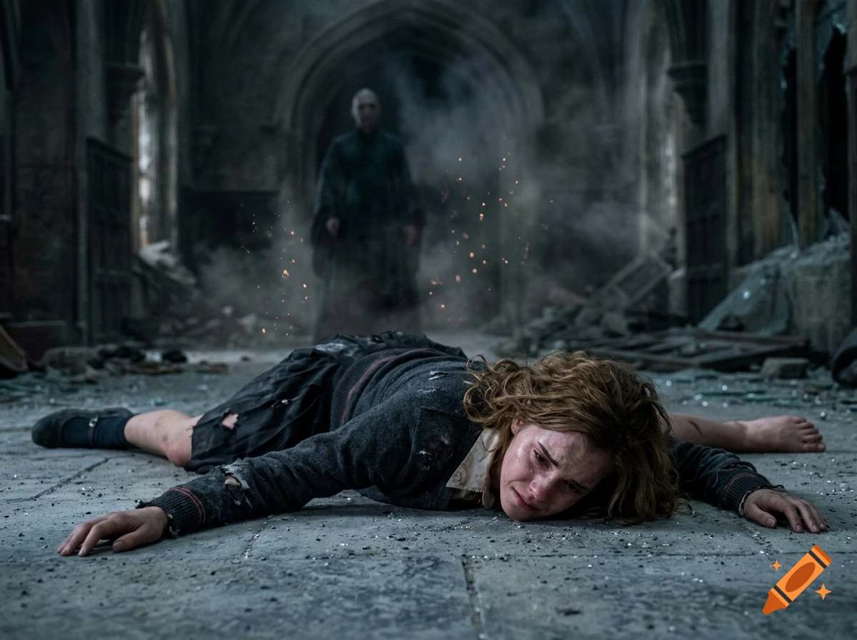 Photorealistic scene of a defeated young woman lying on a stone floor in a ruined hall while a dark figure stands in the background.