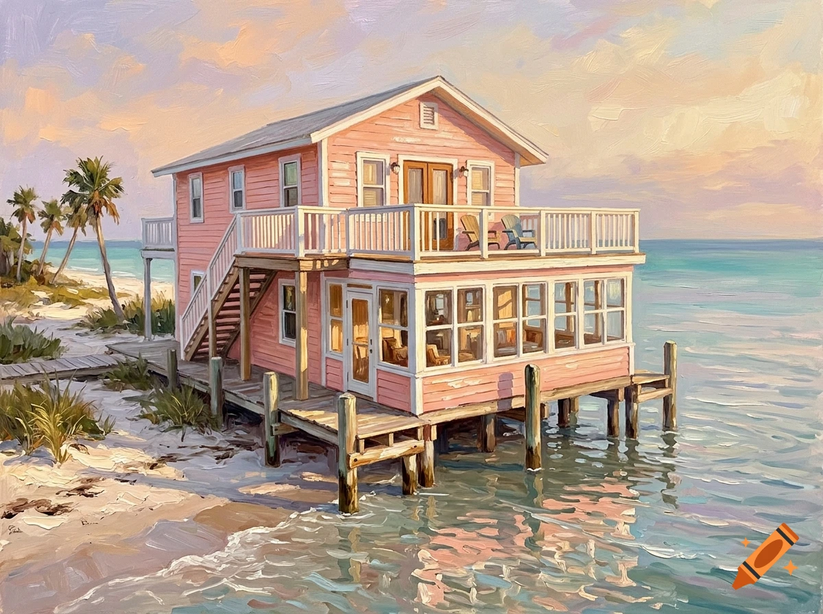 Oil painting of a two-story pink beach house on wooden pillars over the water with a Florida room and deck.