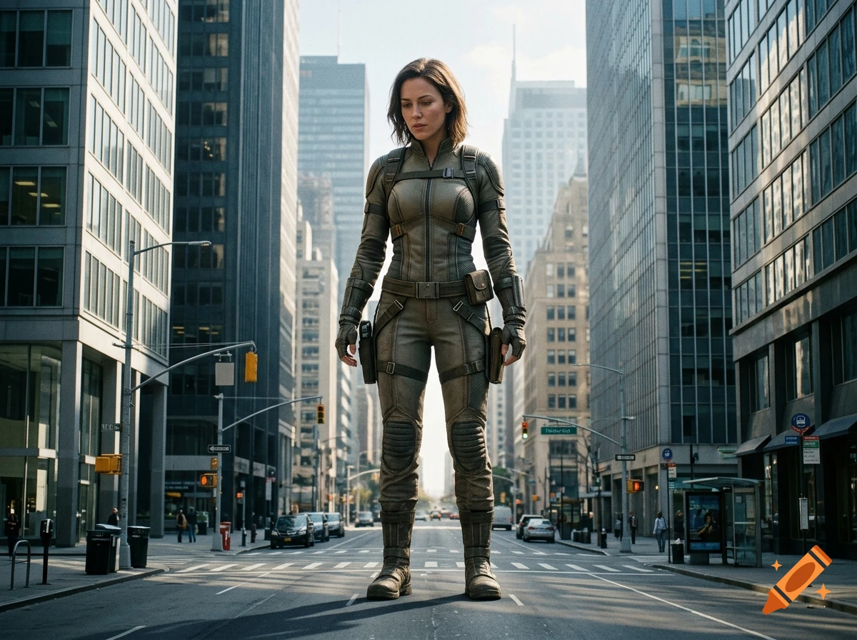 A woman wearing a tactical jumpsuit stands in the middle of a city street lined with skyscrapers.
