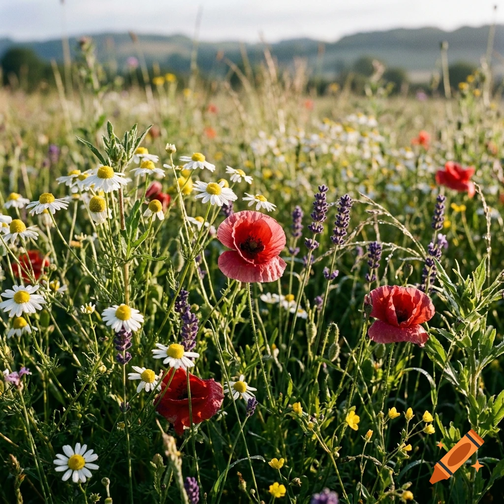 Close-up photorealistic shot of a colorful wildflower meadow with red poppies, white daisies, and purple lavender.