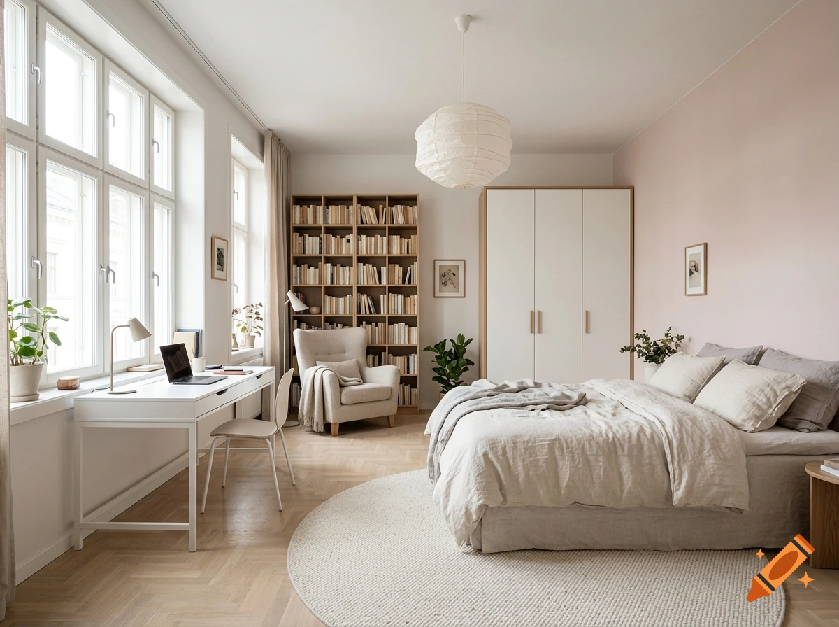 Photorealistic Scandinavian-style bedroom with a light oak herringbone floor, large windows, a desk, and a bed with neutral linens.