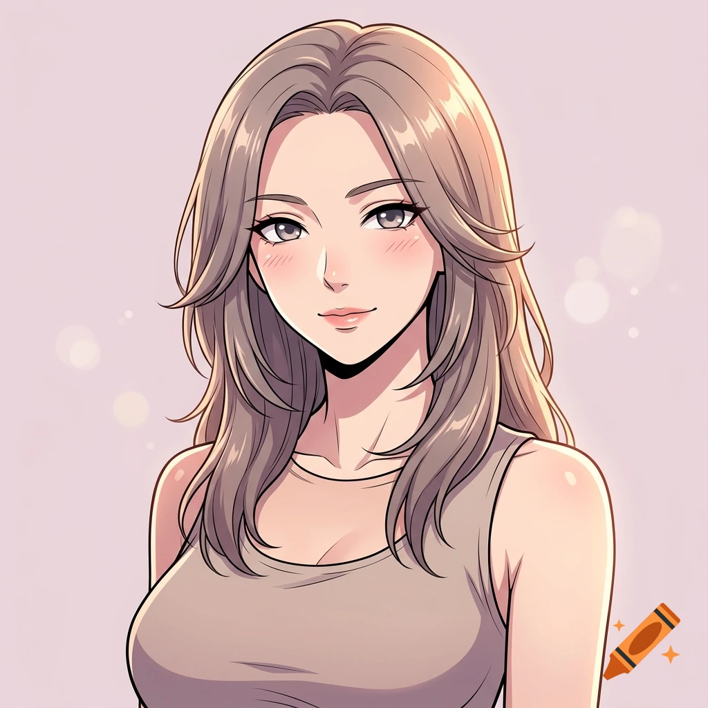 Anime style illustration of a smiling young woman with long light brown hair and a tank top against a soft pink background.