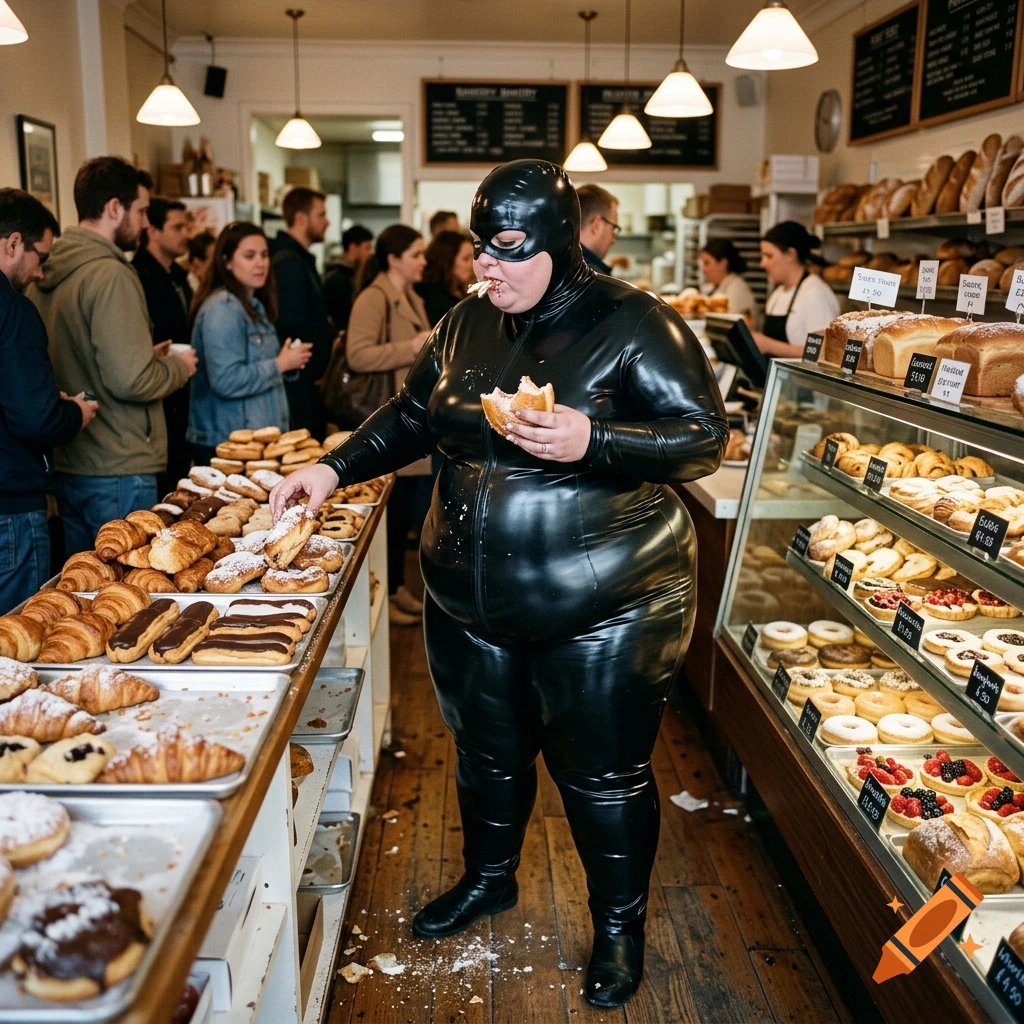 A person in a black latex suit and mask eating a pastry in a crowded bakery.